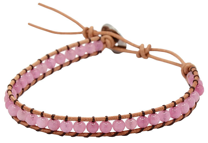 Roze edelstenen armband met rozenkwarts en bruin leer | Wrap Little Rose Quartz