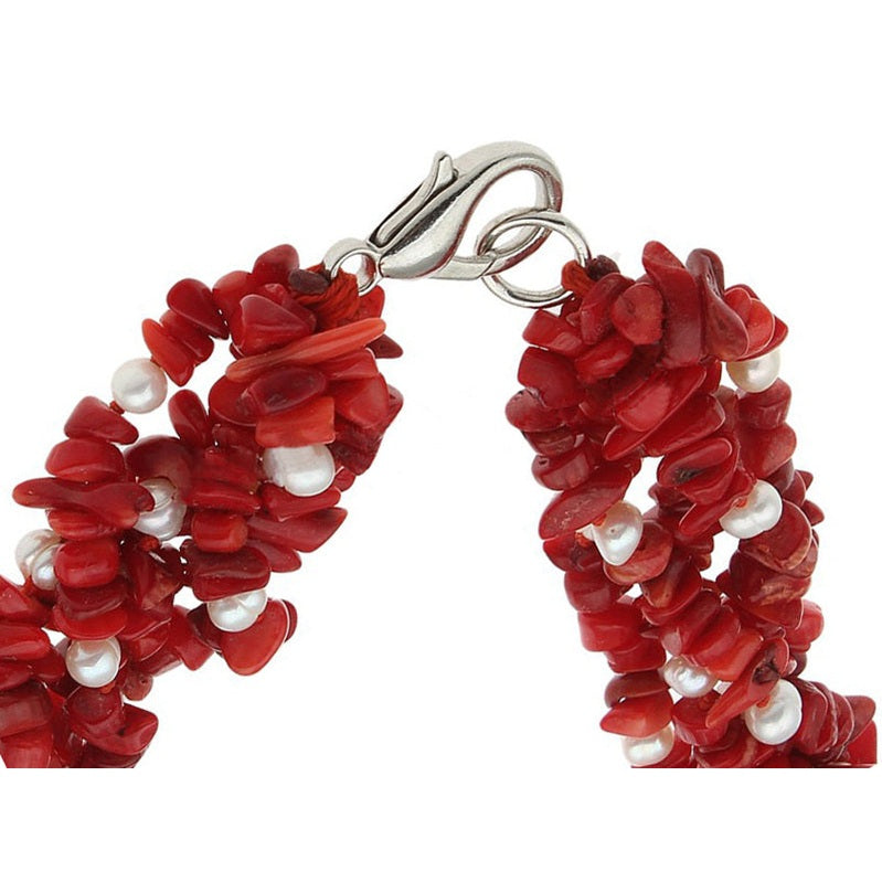 Slotje van zoetwater parelketting met witte parels en rood koraal in 5 rijen | Pearl Coral