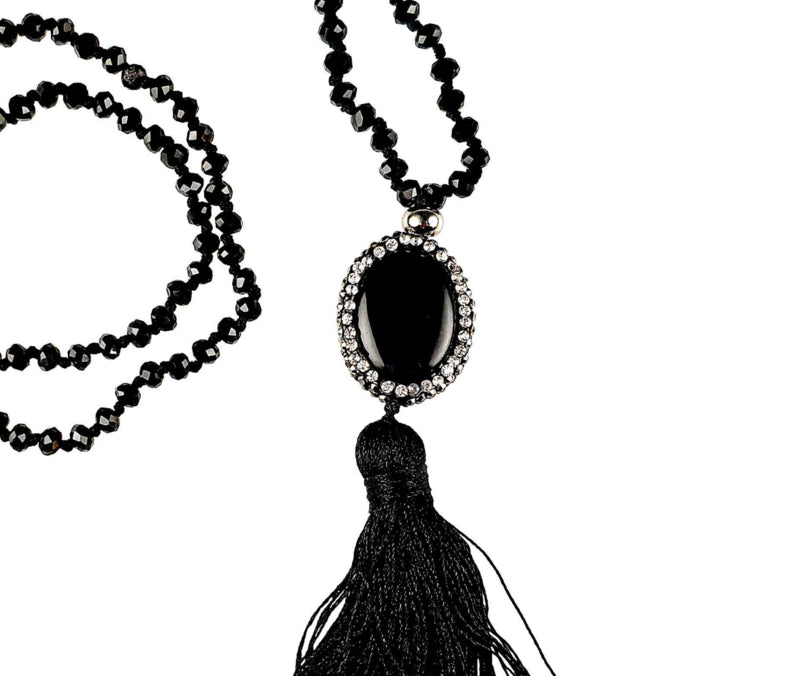 Edelstenen ketting Long Bright Black Agate Tassel