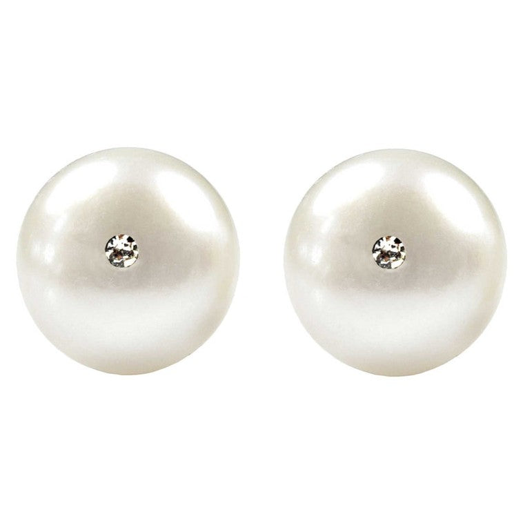 Zoetwater parel oorknop met witte parel en stras steentje vooraanzicht | Cadeau set Mea Bling W-B