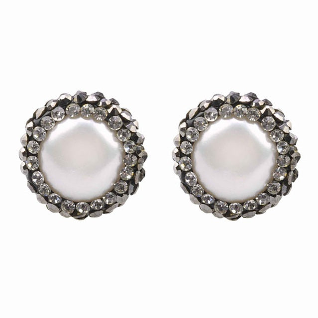 Zoetwater parel oorknopjes met witte parels, stras steentjes en sterling zilver (925), vooraanzicht | Bright Pearl Small