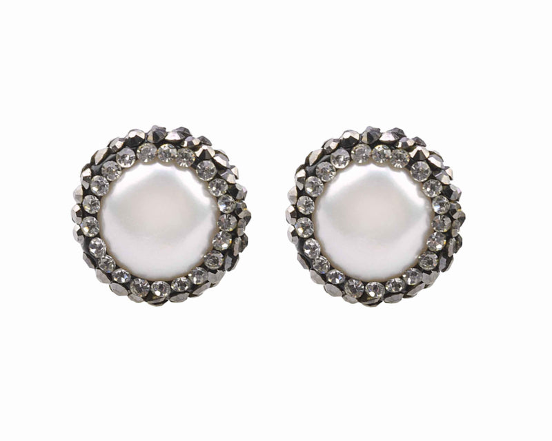 Zoetwater parel oorknopjes met witte parels, stras steentjes en sterling zilver (925), vooraanzicht | Bright Pearl Small
