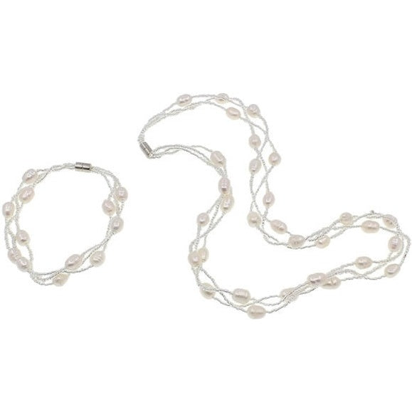 Zoetwater parel set bestaande uit parelketting en parel armband met witte parels in 3 rijen met magneetslot | set Twine Pearl White 2