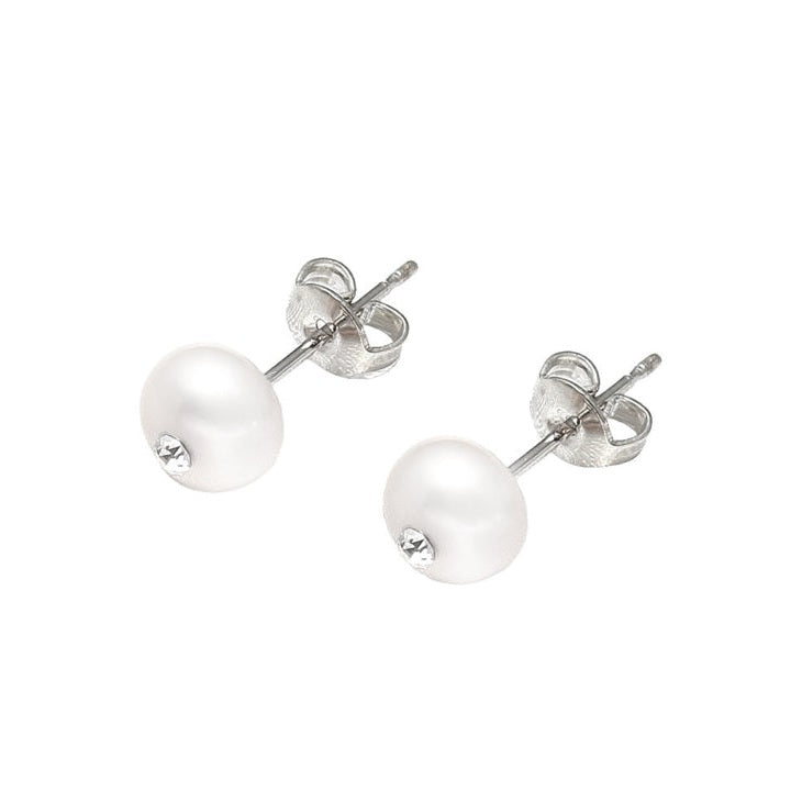 Zoetwater parel oorknopje met witte parel met stras steentje zijaanzicht | Cadeau set zoetwater parel oorbellen Mea Bling Small