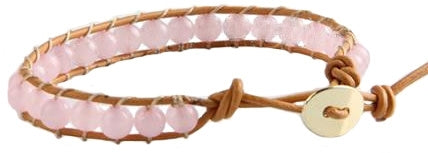 Roze edelstenen armband met rozenkwarts en licht bruin leer, achterzijde | Wrap Rose Quartz Light