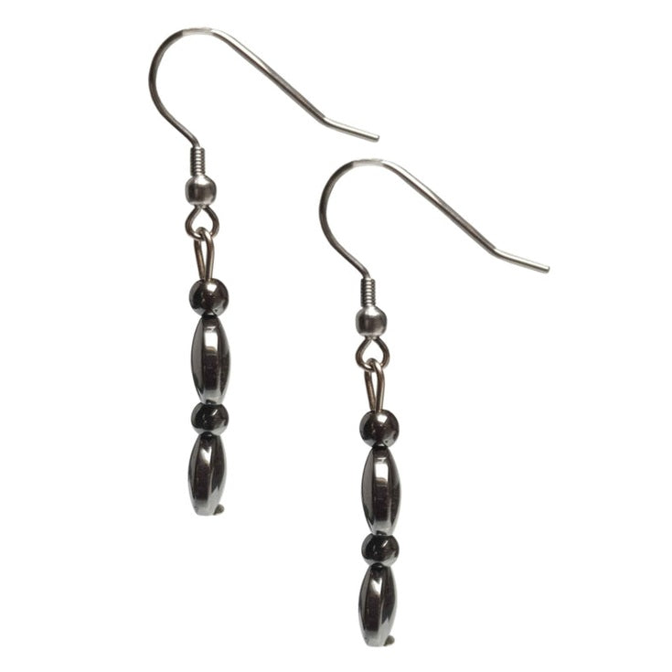Zwarte edelstenen oorbellen met hematiet stenen en zilver edelstaal, zijaanzicht | set Hematite coin