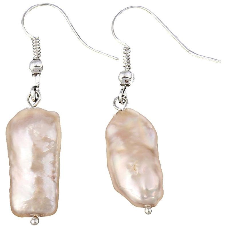 Zoetwater parel oorbellen met zalm kleurige rechthoekige parel en sterling zilver (925), zijkant | Pearl Rectangle Peach