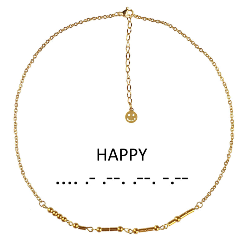 Gouden edelstenen ketting met goud edelstaal en hematiet stenen die het woord HAPPY in morse code weer geeft | Morse Code Happy Gold Hematite