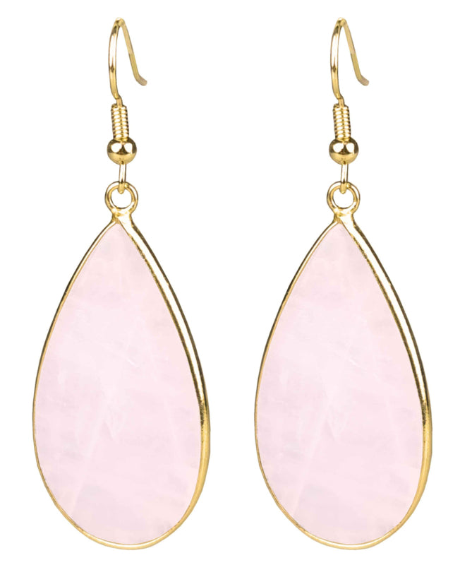 Roze edelstenen oorbellen met rozenkwarts en goud edelstaal | Big Teardrop Rose Quartz Gold