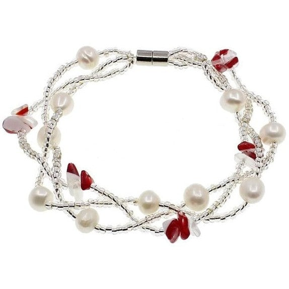 Zoetwater parel armband met witte parels, rode agaat en magneetslotje | set Twine Pearl red Agate