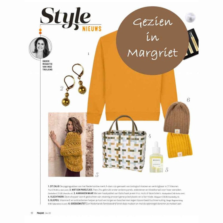 Edelstenen oorbellen met goud hematiet en goud edelstaal gezien in tijdschrift Margriet | Bold Gold Hematite