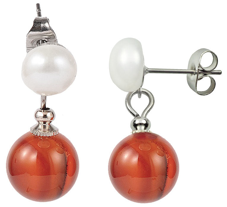 Zoetwater parel oorbellen met witte parel en rode agaat voor en zijaanzicht | Pearl Stud Red Agate