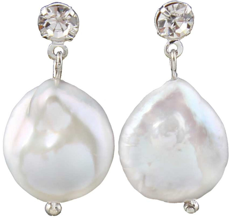 Witte zoetwater parel oorbellen met witte coin parels en stras steentjes | Bling Colly