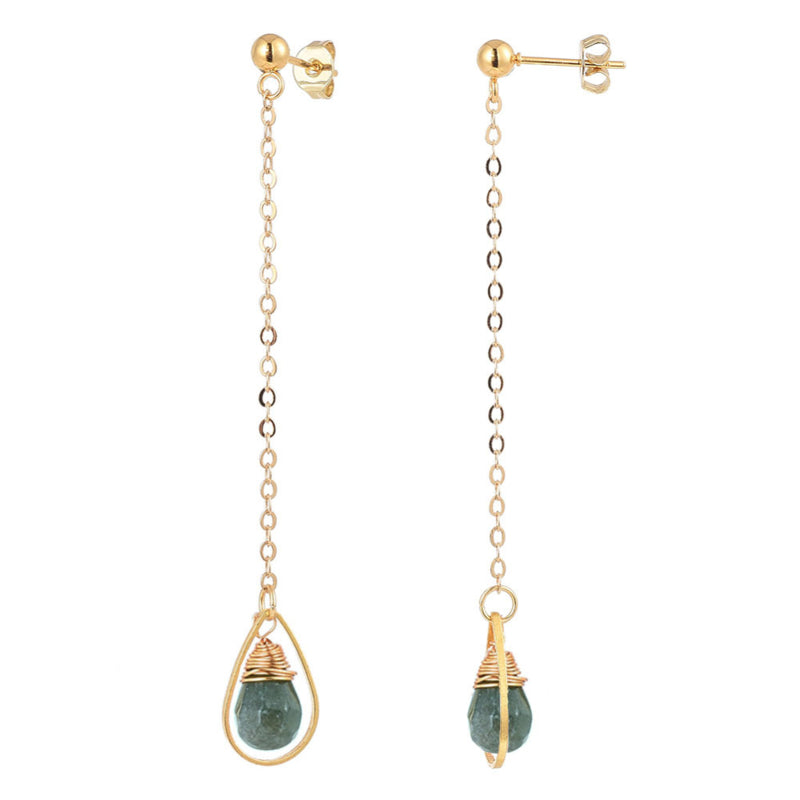 Lange groen edelstenen oorbellen met agaat en goud edelstaal met voor en zijaanzicht | Dangling Long Indian Agate