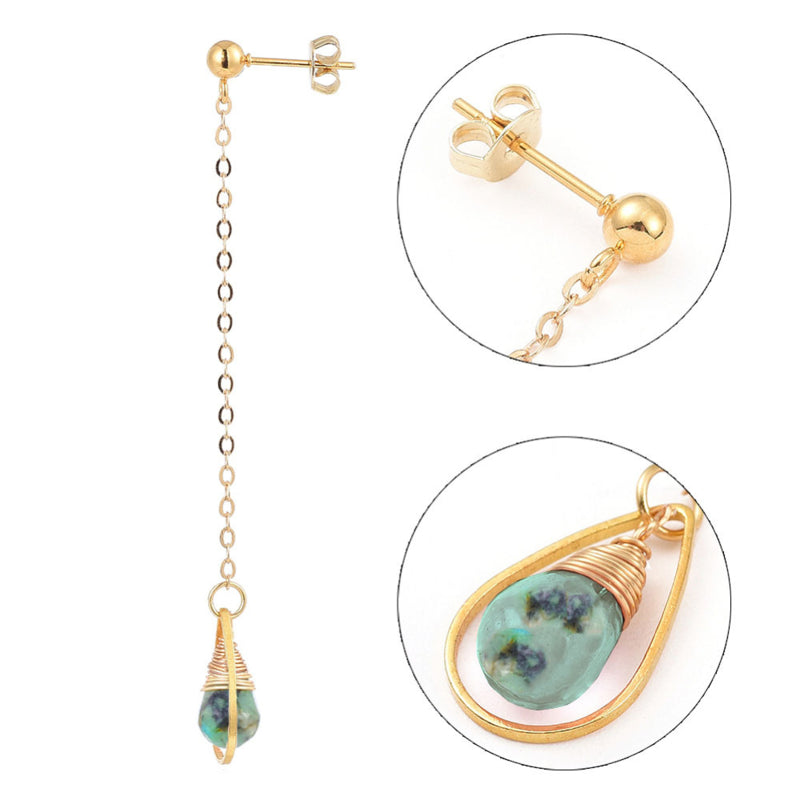 Lange edelstenen oorbellen met Afrikaans turkoois en goud edelstaal met details | Dangling Long African Turquoise