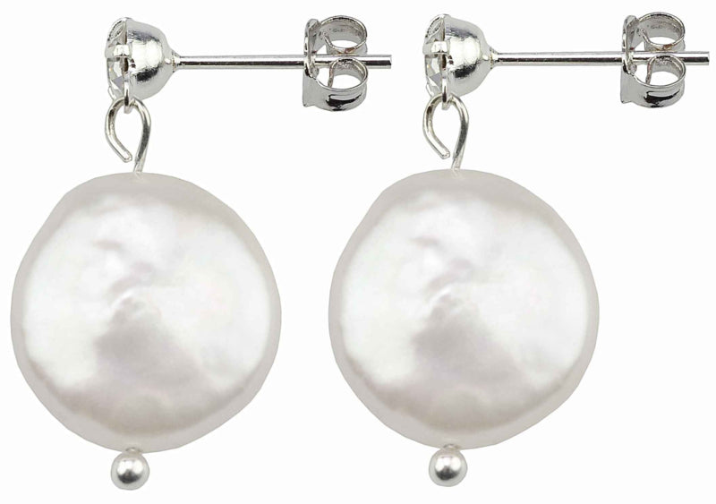 Witte zoetwater parel oorbellen met witte coin parels en stras steentjes, zijaanzicht | Bling Colly Two