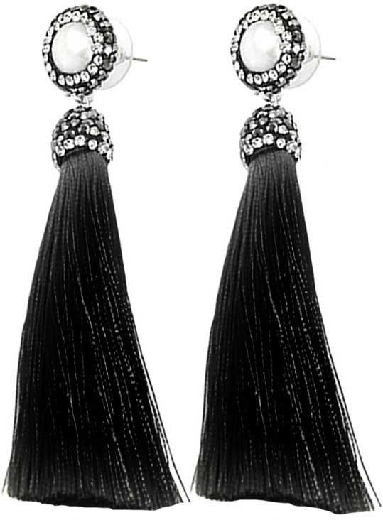 Lange zoetwater parel oorbellen met witte parel en zwart kwastje | Bright Pearl Black Tassel