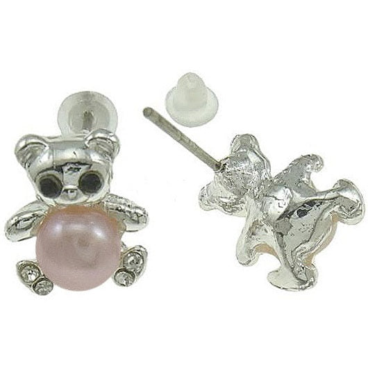 Zoetwater parel oorknopjes met roze parels en zilveren beertje met stras steentjes, voor en achterkant | Pearl Bear P