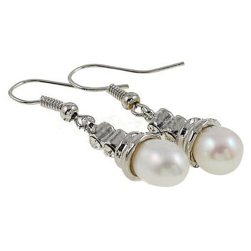 Witte zoetwater parel oorbellen met stras steentjes en sterling zilver 925 liggend | Bong