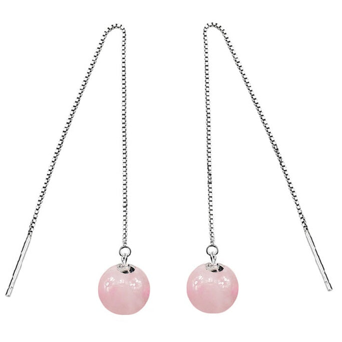 Lange roze edelstenen oorbellen met rozenkwarts en sterling zilver (925) | Rosé Quartz Chain