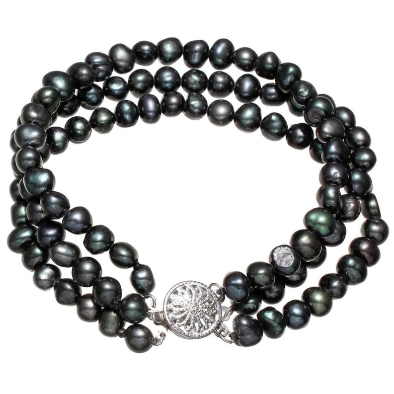 Zoetwater parel armband met 3 rijen blauw zwarte parels | Black Three Baroque Pearl