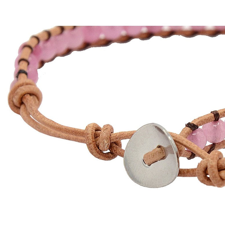 Slotje van roze edelstenen armband met rozenkwarts en bruin leer | Wrap Little Rose Quartz