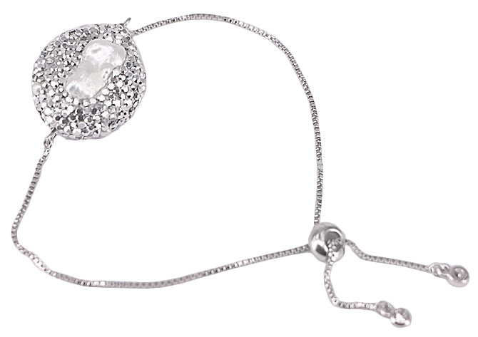 Wit zoetwater parel armband met stras steentjes, glitter armband met parel en schuifsluiting | Bright Biwa Silver