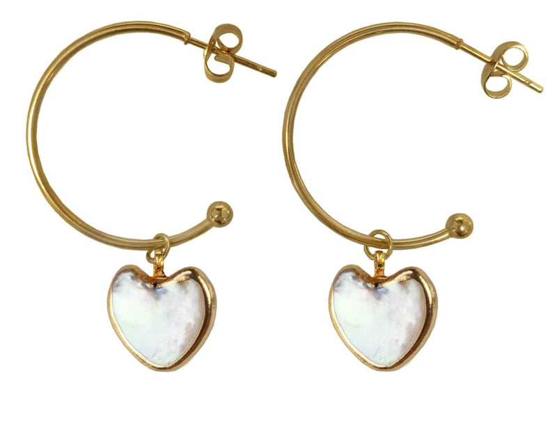 Grote zoetwater parel oorringen met wit parel hart en goud edelstaal | Golden Hope 25 mm Heart White Pearl