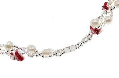 Magneetslotje van wit zoetwater parel armband met rode agaat | Twine Pearl Red Agate