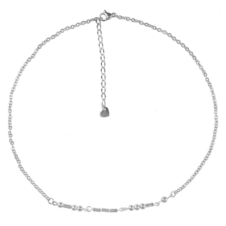 Zilveren edelstenen ketting met zilver edelstaal en hematiet stenen die het woord LOVE in morse code weer geeft | Morse Code Love Silver Hematite
