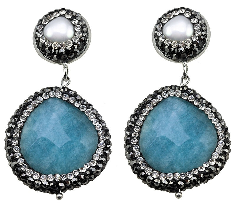 Witte zoetwater parel oorbellen met stras steentjes en blauwe jade | Bright Pearl Blue Jade