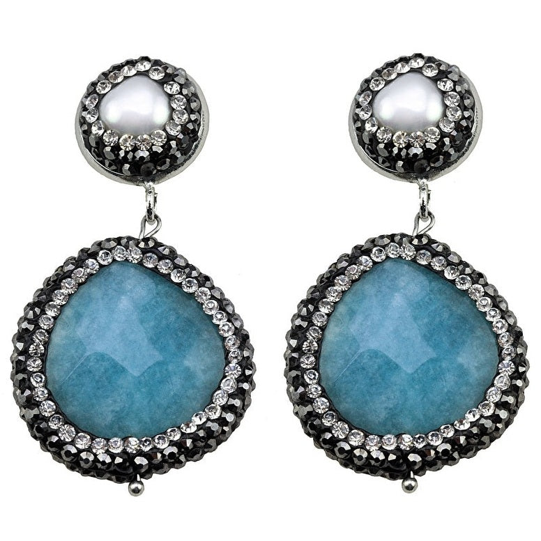 Witte zoetwater parel oorbellen met stras steentjes en blauwe jade | Bright Pearl Blue Jade