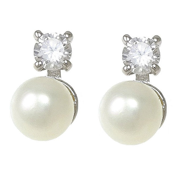 Witte zoetwater parel oorbellen met parel en stras steentje, witte parel oorknopjes met stras steentje, vooraanzicht | Bling Ann W