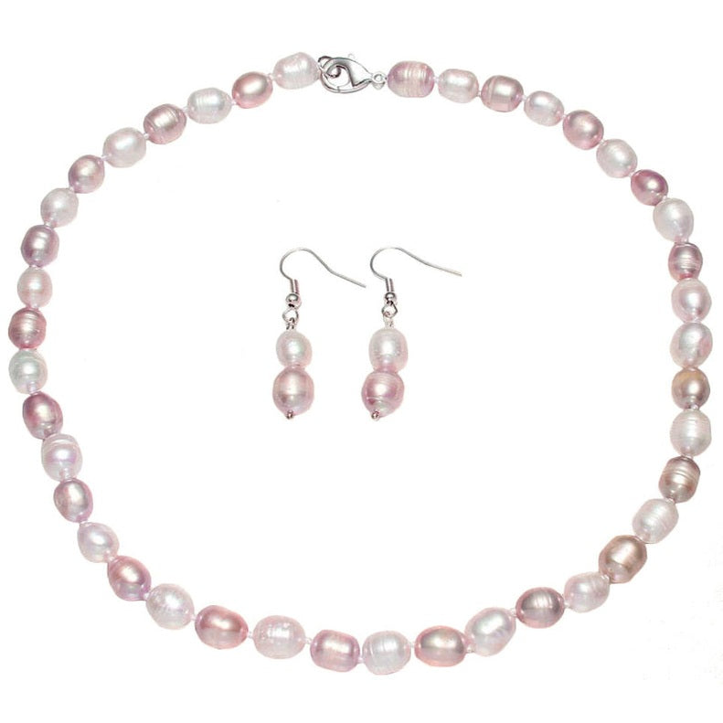 Zoetwater parel set bestaande uit een parelketting en parel oorbellen met witte en roze parels en sterling zilver (925) | set Elynn