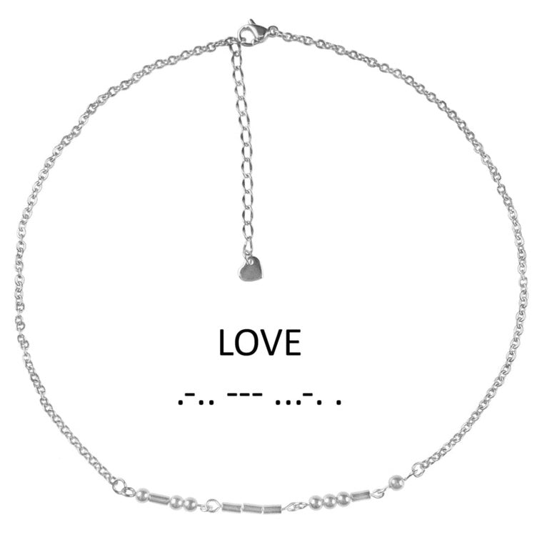 Zilveren edelstenen ketting met zilver edelstaal en hematiet stenen die het woord LOVE in morse code weer geeft | Morse Code Love Silver Hematite