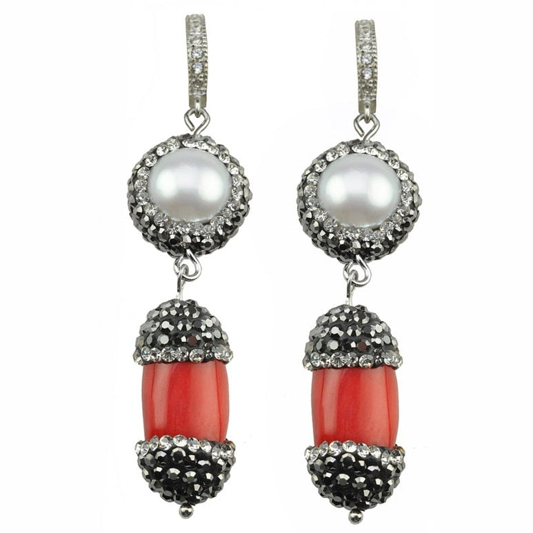 Witte zoetwater parel oorringen met rood koraal en stras steentjes | Bright Pearl Coral Silver