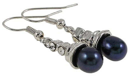 Zwarte zoetwater parel oorbellen met stras steentjes en sterling zilver (925) liggend | Dong
