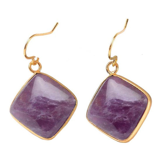 Paarse edelstenen oorbellen met goud edelstaal | Amethyst Gold Square