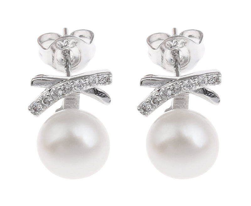 Witte zoetwater parel oorbellen met stras steentjes in kruis, witte parelknopjes met stras steentjes | Pearl Bling X