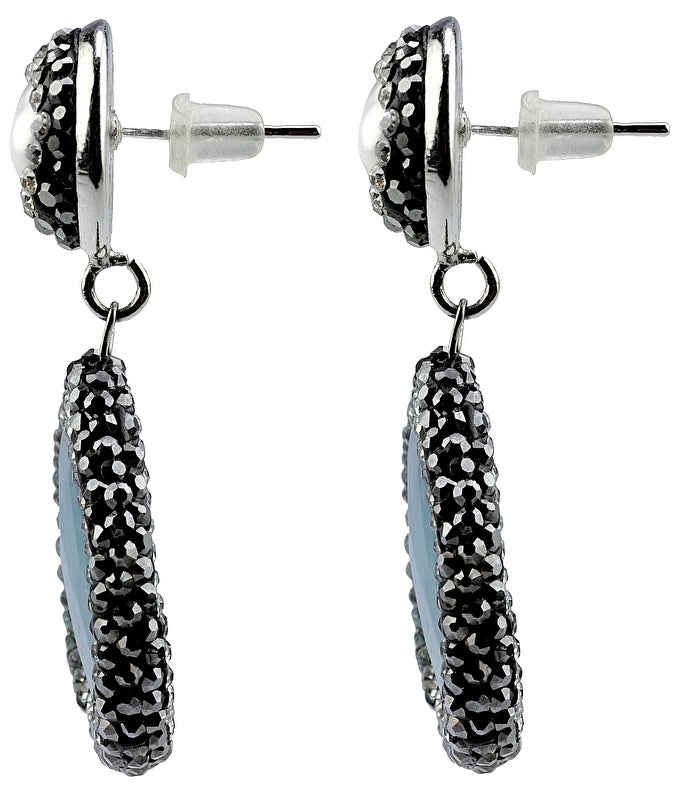 Witte zoetwater parel oorbellen met stras steentjes en blauwe jade, zijkant | Bright Pearl Blue Jade