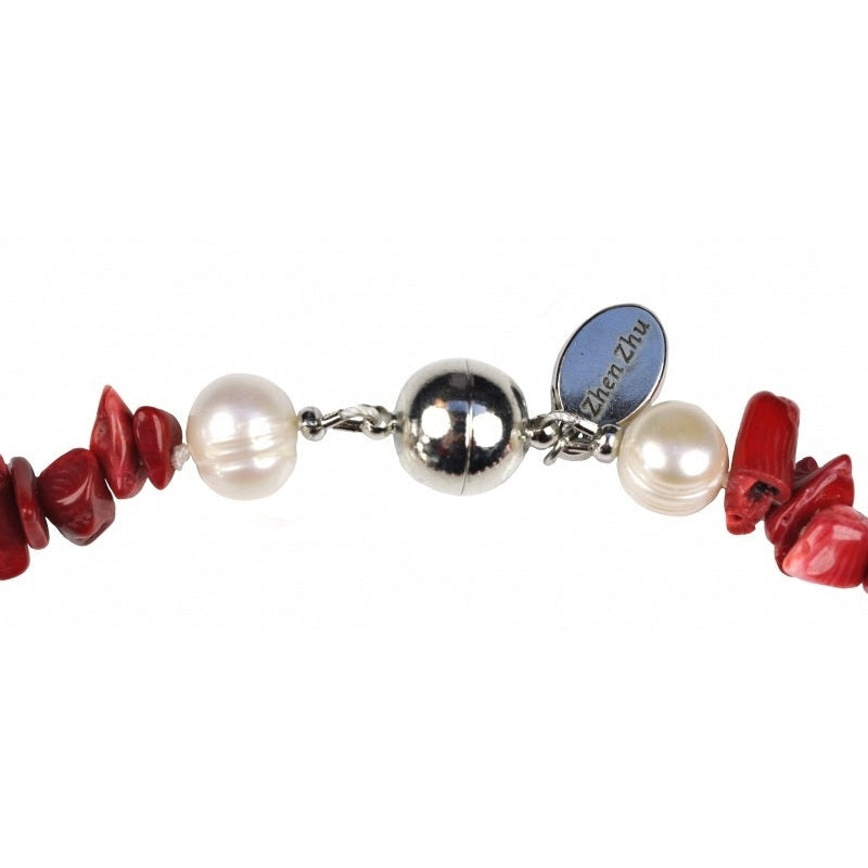 Magneetslotje van zoetwater parelketting met witte parels en rood koraal | Coral Bold
