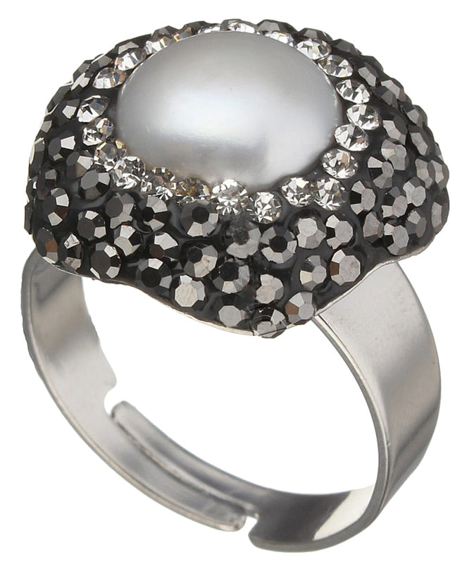 Zoetwater parel ring met zwarte stras steentjes, aanpasbare parel ring | Bright Pearl Big