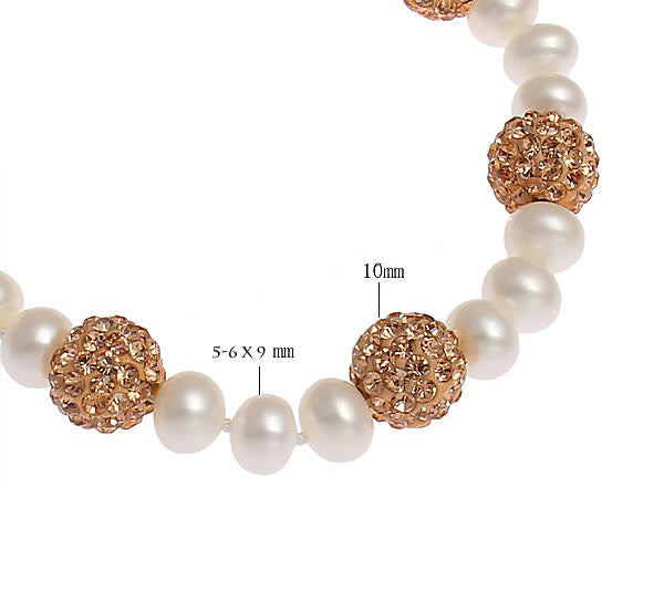 Wit zoetwater parel armband met gouden stras steentjes met maat aanduiding | Bling Rosé Golden Pearl