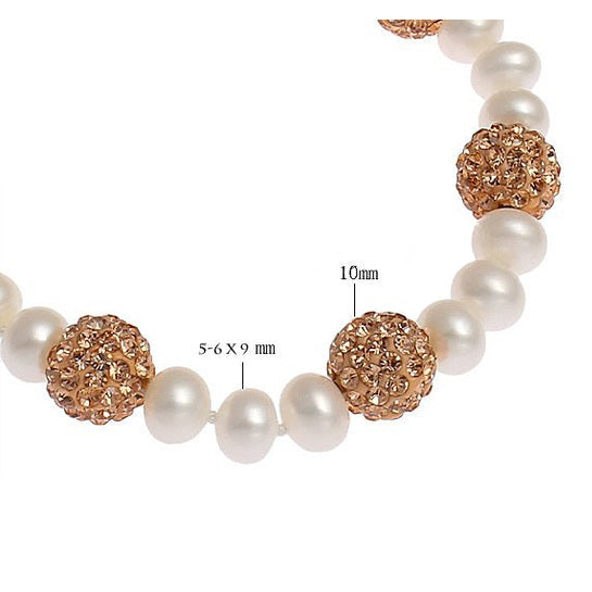 Wit zoetwater parel armband met gouden stras steentjes met maat aanduiding | Bling Rosé Golden Pearl