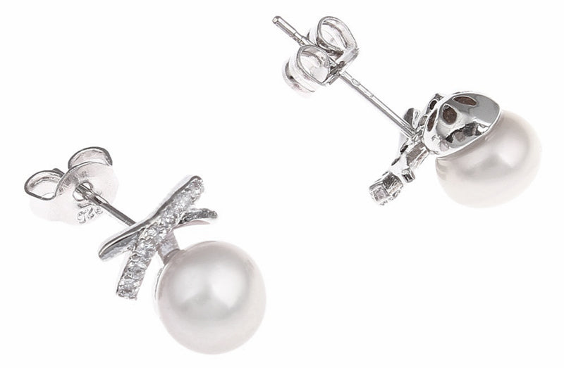Witte zoetwater parel oorbellen met stras steentjes in kruis, witte parelknopje met stras steentjes | Pearl Bling X