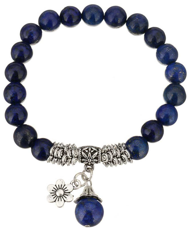 Blauw edelstenen armband met bloem en bedeltje, elastisch | Lapis Lazuli Flower Ball