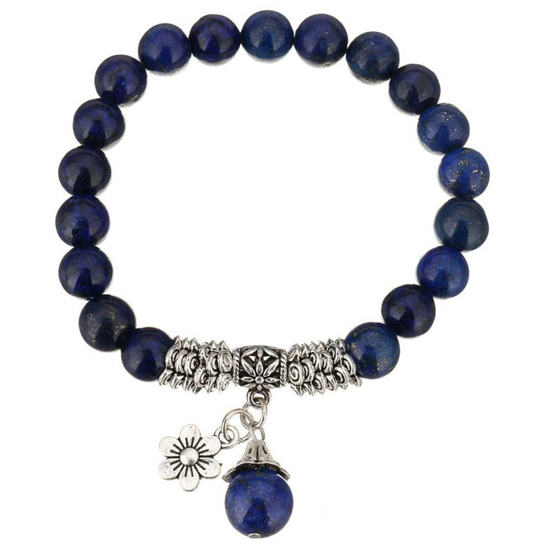Blauw edelstenen armband met bloem en bedeltje, elastisch | Lapis Lazuli Flower Ball