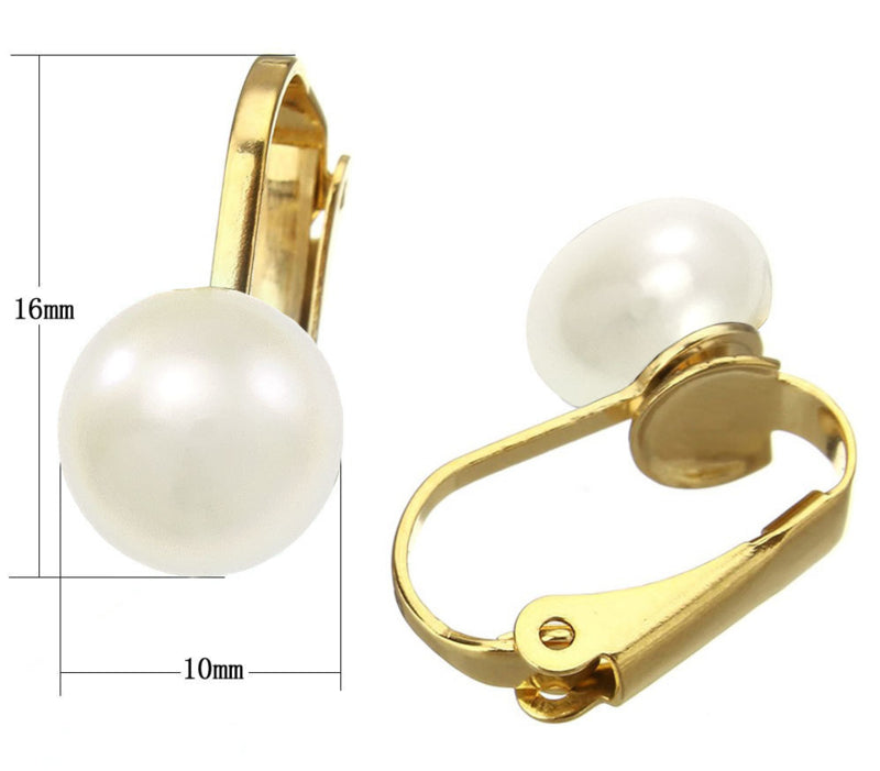 Grote witte zoetwater parel clips oorbellen met goud edelstaal, maat indicatie | Gold White Clip Pearl 10 mm