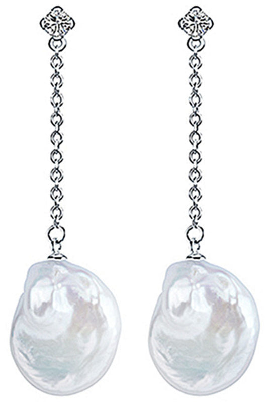 Lange witte zoetwater parel oorbellen met witte coin parel, stras steentjes en sterling zilver 925 | Bling Dangling Coin Pearl