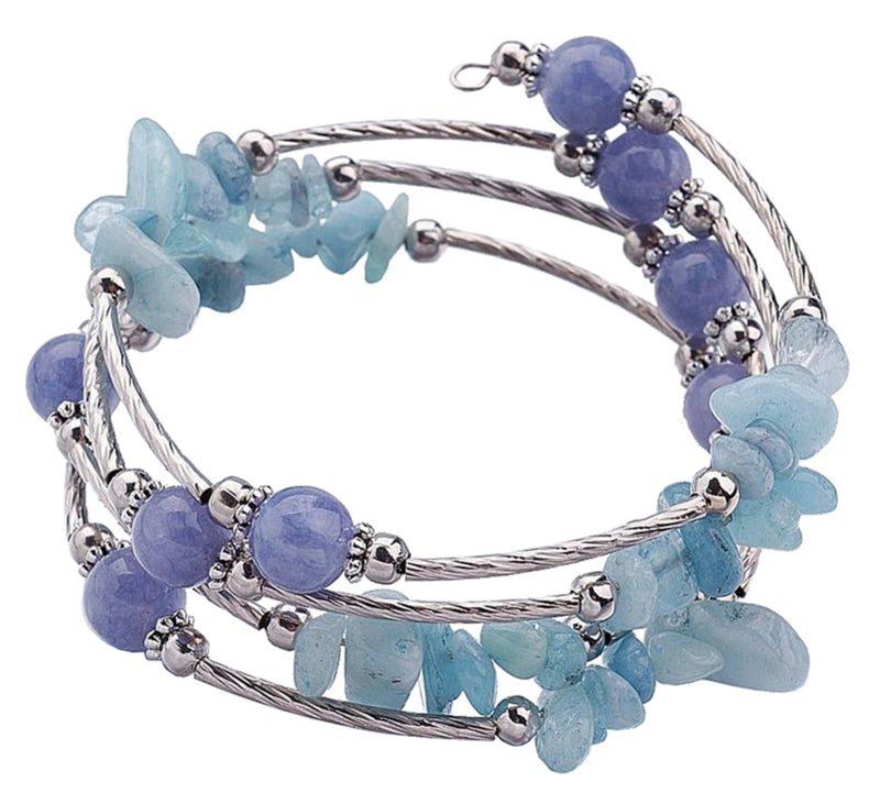 Blauw edelstenen wikkelarmband met aventurien en aquamarijn | Four loops Wrap Blue Gemstone